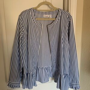 Denim&Co Blue and White Striped Top Size XL With Peplum Ruffle At Hem and Cuffs